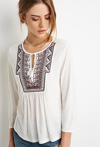 Forever21 Embroidered Slub Knit Top