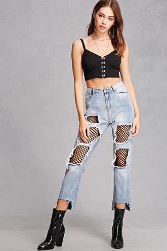 Forever21 Fishnet-insert Cropped Jeans