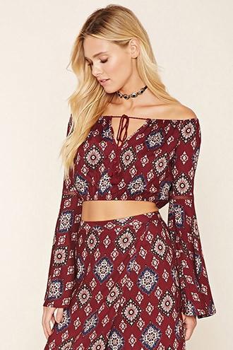 Forever21 Women's  Aubergine & Navy Off-the-shoulder Ornate Top