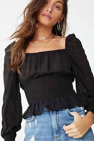 Forever21 Sheer Plaid Smocked Top