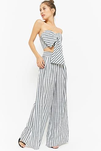 Forever21 Striped Tie-front Crop Tube Top & Palazzo Pants Set