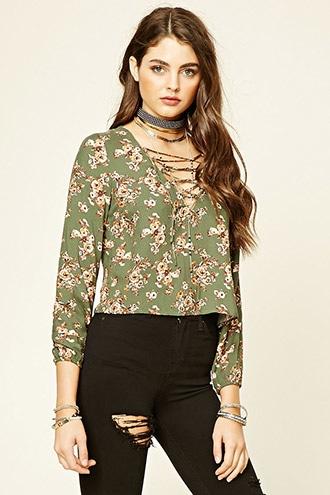Forever21 Women's  Floral Print Lace-up Blouse
