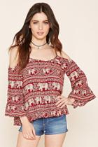 Forever21 Women's  Burgundy & Cream Abstract Open-shoulder Top
