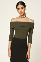 Forever21 Women's  Dark Olive Ribbed Off-the Shoulder Top