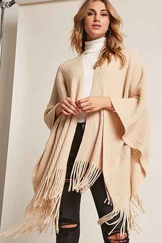 Forever21 May Logan Ribbed Knit Fringe Poncho