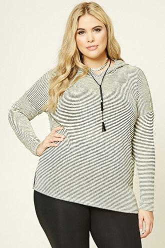 Forever21 Plus Women's  Beige & Black Plus Size Hooded Striped Top
