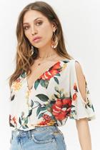 Forever21 Floral Slub Knit Surplice Open-shoulder Top