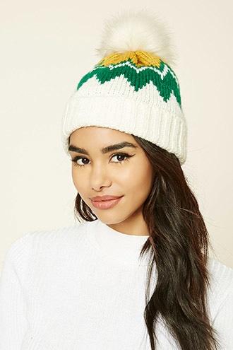 Forever21 Women's  Mustard & Green Chevron Pom-pom Beanie