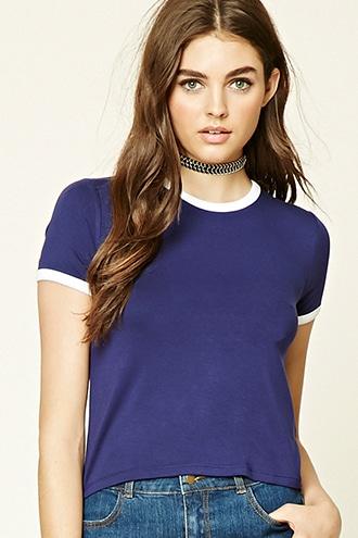 Forever21 Women's  Navy & White Classic Ringer Tee