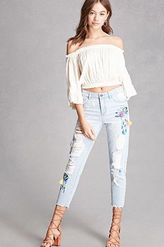 Forever21 Embroidered Distressed Jeans