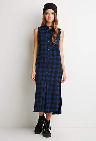 Forever21 Women's  Raw-cut Flannel Shirt Dress (navy/black)