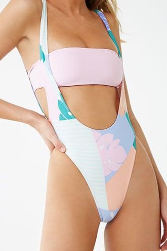 Forever21 Bandeau & Leaf Print One-piece Swimsuit Set