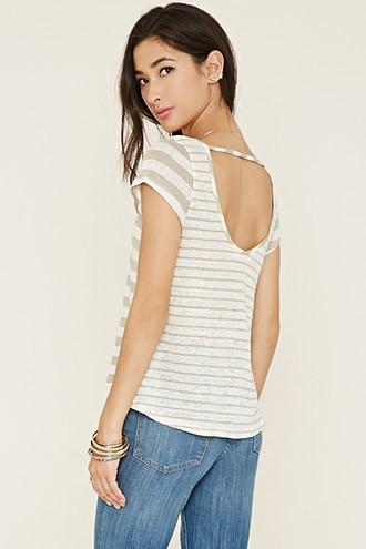 Forever21 Women's Taupe & Ivory Striped V-neck Top