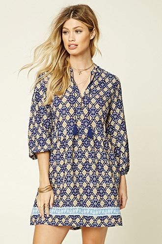 Forever21 Women's  Navy & Gold Ornate Print Peasant Dress