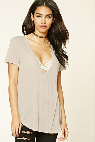Forever21 Women's  Grey Plunging V-neck Tee