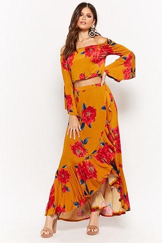 Forever21 Floral Off-the-shoulder Crop Top & Maxi Skirt Set