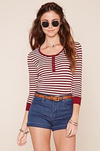 Forever21 Women's  Oatmeal & Burgundy Striped Knit Tee