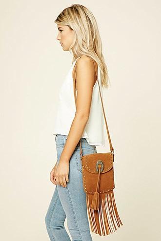 Forever21 Tan Stud And Fringe Suede Crossbody