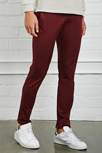21 Men Men's  Burgundy Slim Fit Cotton-blend Pants