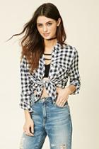 Forever21 Women's  Navy & White Gingham Button-front Shirt