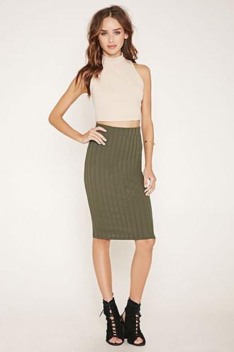 Forever21 Women's  Olive Ribbed Pencil Skirt