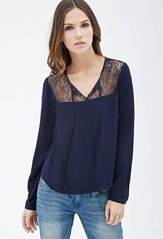Forever21 Lace-paneled Pintucked Blouse