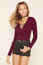 Forever21 Women's  Burgundy Lace-up Ribbed Sweater