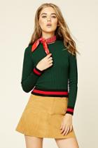 Forever21 Women's  Green & Black Striped Trim Sweater Top