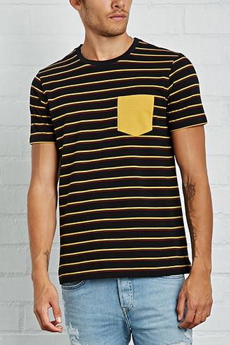 21 Men Men's Black & Mustard Striped Pocket Tee