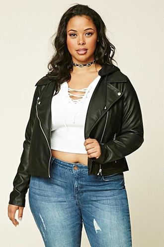 Forever21 Plus Women's  Black Plus Size Hooded Moto Jacket