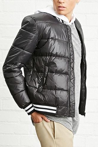 21 Men Men's  Stripe-trim Puffy Bomber Jacket