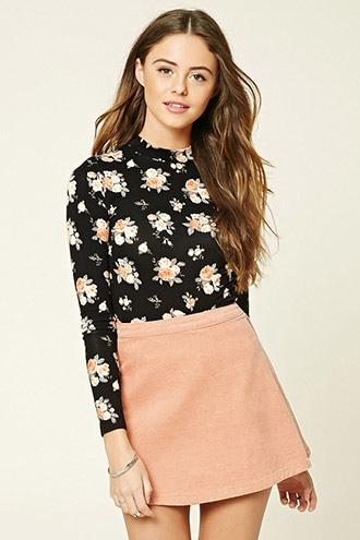 Forever21 Women's  Black & Peach Floral Print Mock Neck Top