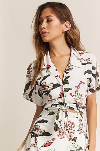 Forever21 London Rose Floral Tie-front Top