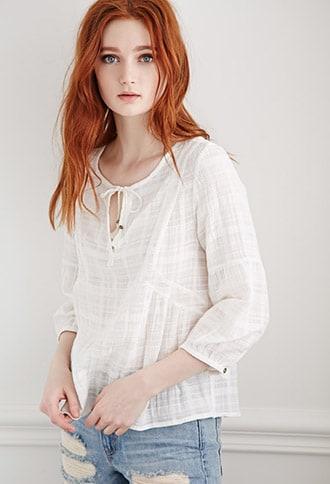 Forever21 Windowpane-patterned Peasant Top