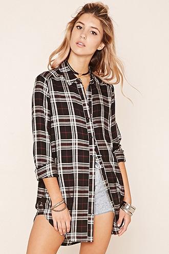 Forever21 Women's  Black & Burgundy Tartan Plaid Longline Shirt