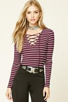 Forever21 Women's  Plum & Cream Striped Lace-up Top
