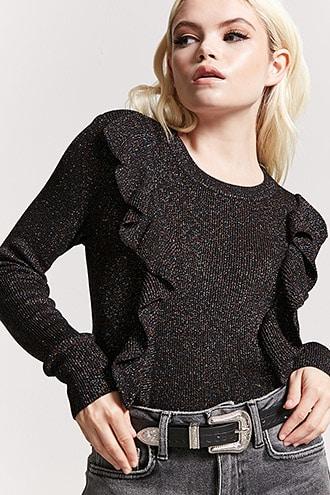 Forever21 Glitter Knit Ruffle-trim Sweater
