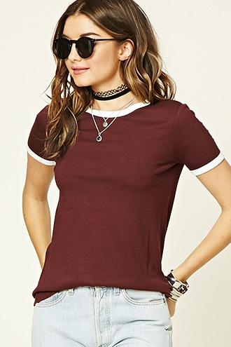 Forever21 Women's Burgundy & Ivory Classic Ringer Tee