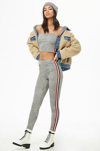 Forever21 Striped-trim Glen Plaid Cropped Cami & Leggings Set