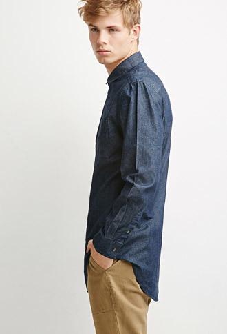 21 Men Longline Denim Shirt