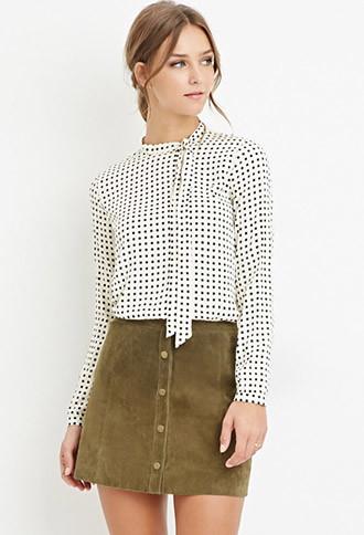 Forever21 Women's  Geo Tie-neck Blouse (cream/black)