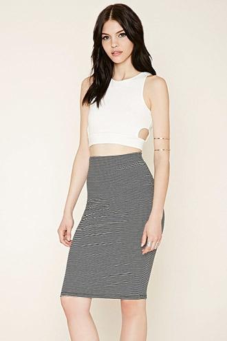 Forever21 Women's  Black & Cream Striped Bodycon Midi Skirt