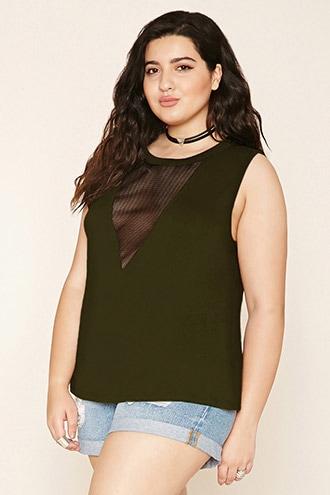 Forever21 Plus Women's  Olive & Black Plus Size Mesh Panel Top