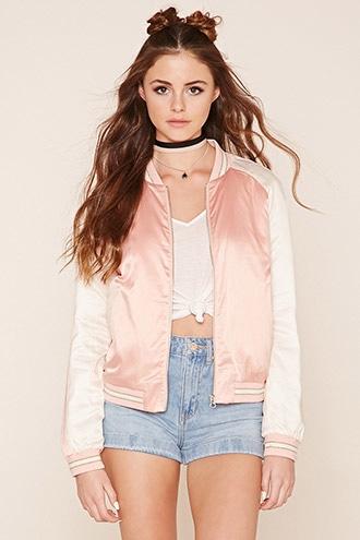Forever21 Women's Light Pink & Ivory Satin Varsity Jacket