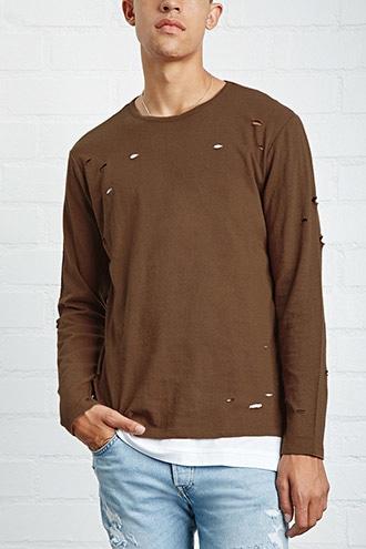 21 Men Men's  Chestnut Distressed Long-sleeve Tee