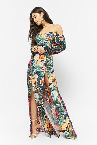 Forever21 Floral Off-the-shoulder Maxi Skort Romper