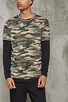 21 Men Men's  Stripe-trim Camo Print Tee