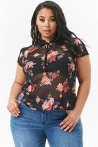 Forever21 Plus Size Sheer Floral Polka Dot Self-tie Top