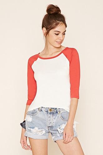 Forever21 Women's  White & Red Classic Baseball Tee