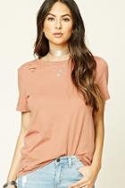 Forever21 Women's  Mauve Distressed Raw-cut Tee